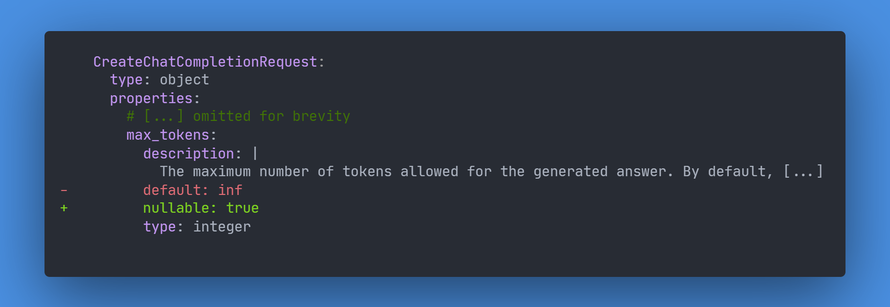 Replace ‘default: inf’ with ’nullable: true’ for the CreateChatCompletionRequest.max_tokens property