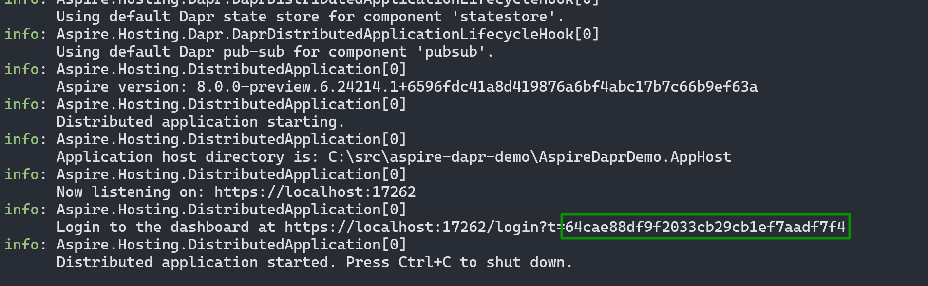 The token appears in the console window.