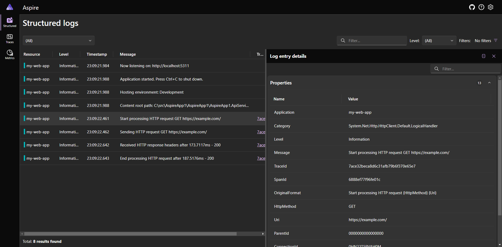 Aspire dashboard structured logs screen