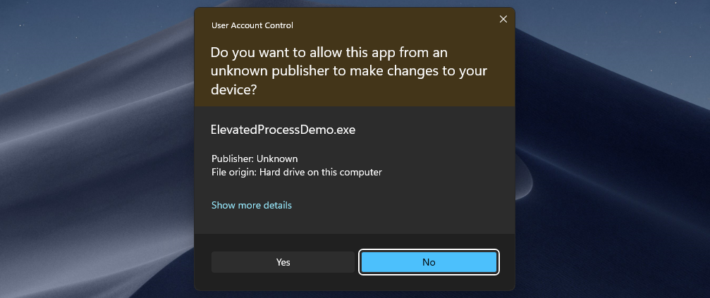 Windows UAC prompt