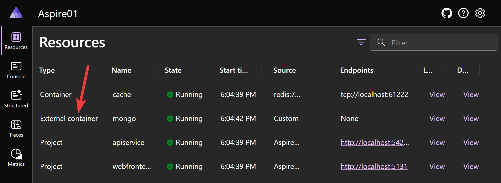 A MongoDB container is shown in the dashboard but is actually orchestrated by Docker Compose, outside of Aspire