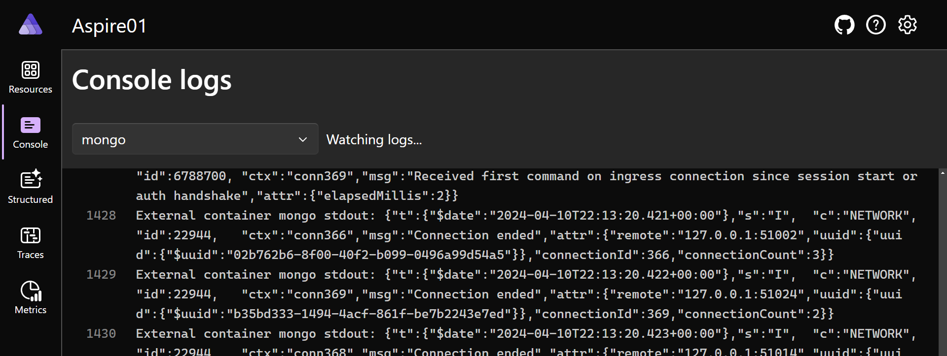 The MongoDB logs are forwarded from Docker to the dashboard
