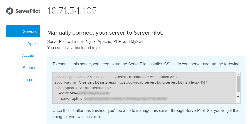 ServerPilot connect server