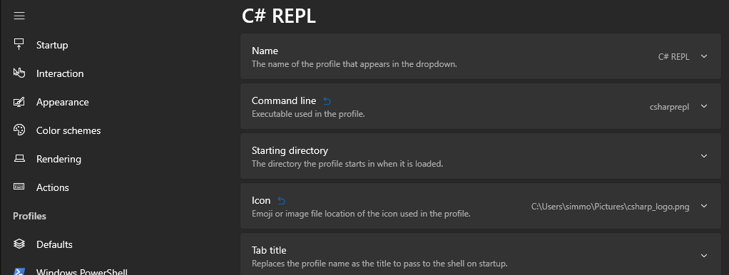 Windows terminal profile settings