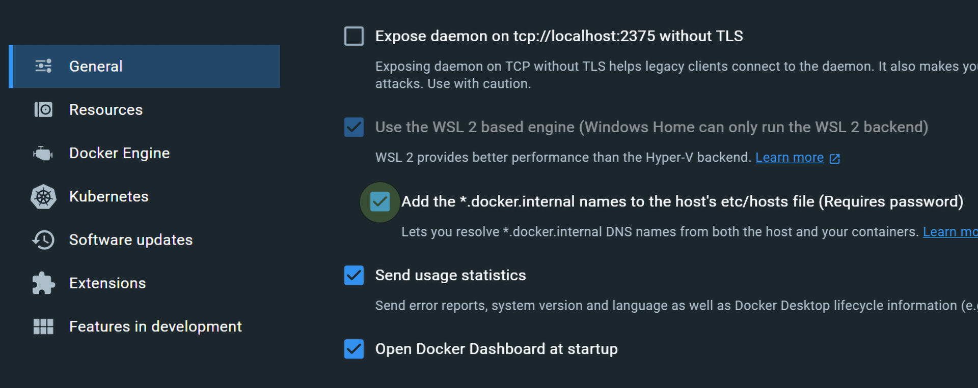 Docker Desktop settings