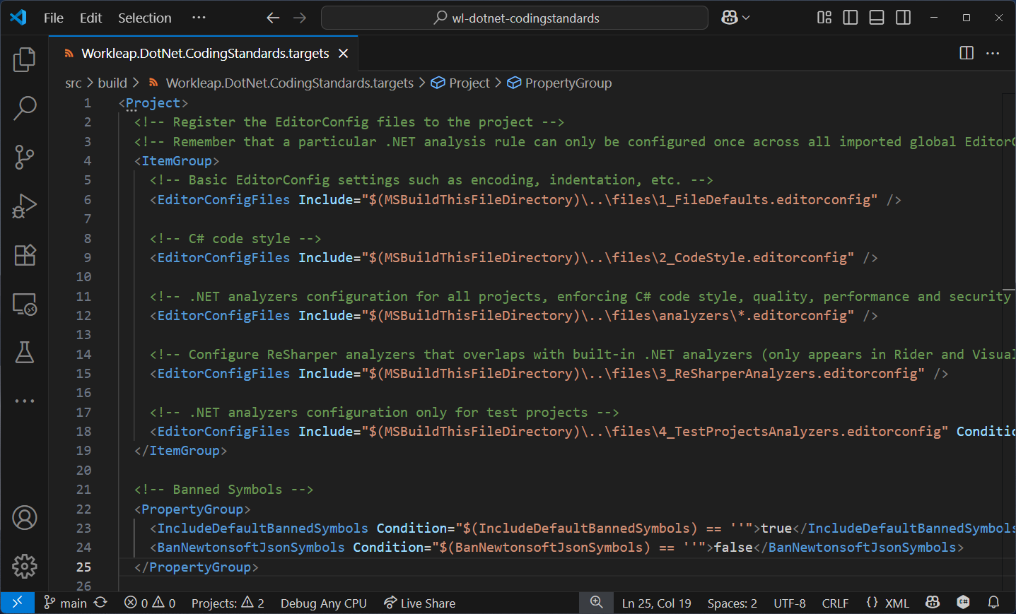 We use the EditorConfigFiles MSBuild property to import EditorConfig files globally.